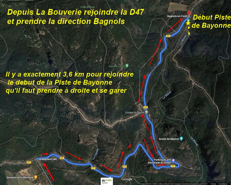 ACCES BAGNOLS 1 D47 Parking Gorges du Blavet Depuis La Bouverie a Entree Piste de Bayonne