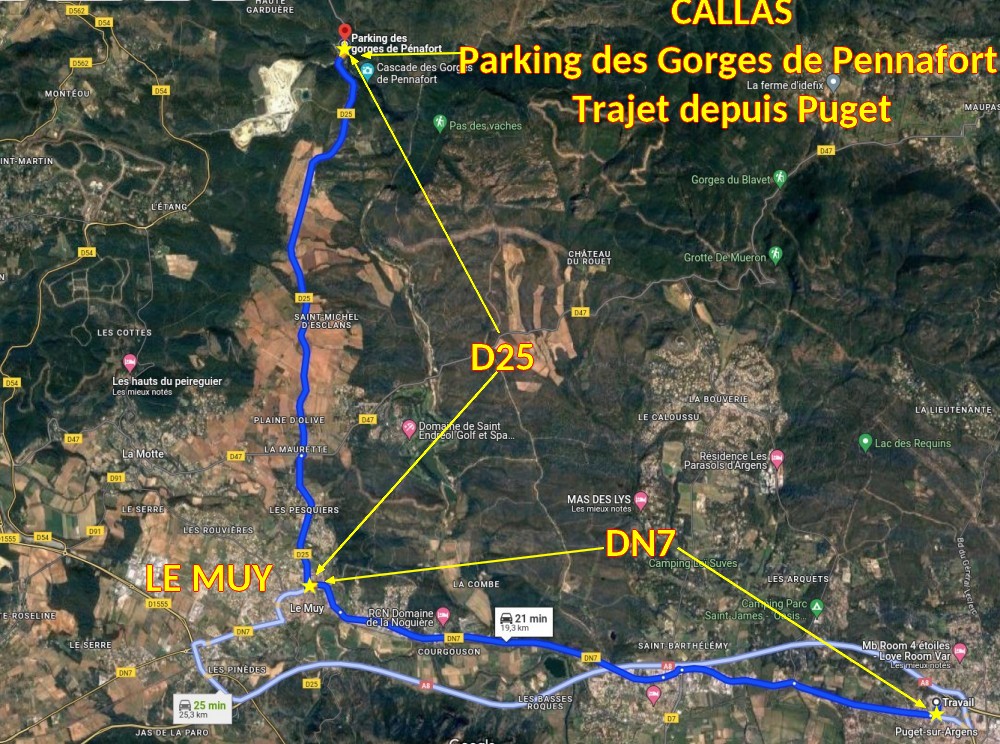 Acces CALLAS Parking Gorges de Pennafort 1 Trajet depuis Puget